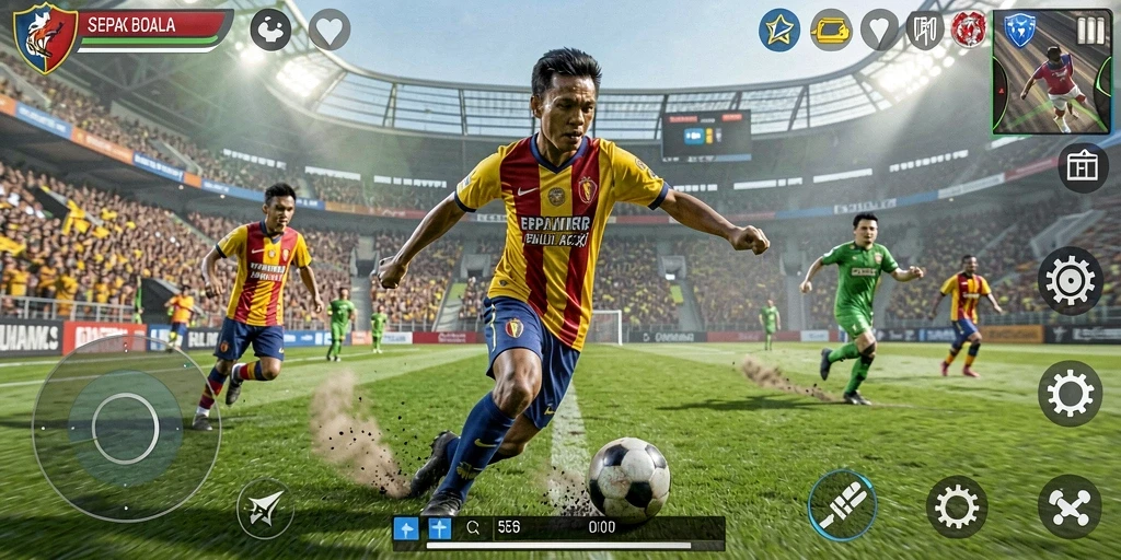 Tangkapan layar permainan 55RT yang menampilkan aksi sepak bola yang intens.