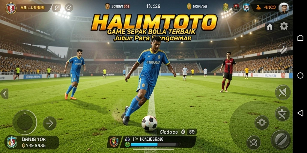 Tampilan gameplay seru dalam HALIMTOTO yang menampilkan aksi sepak bola.