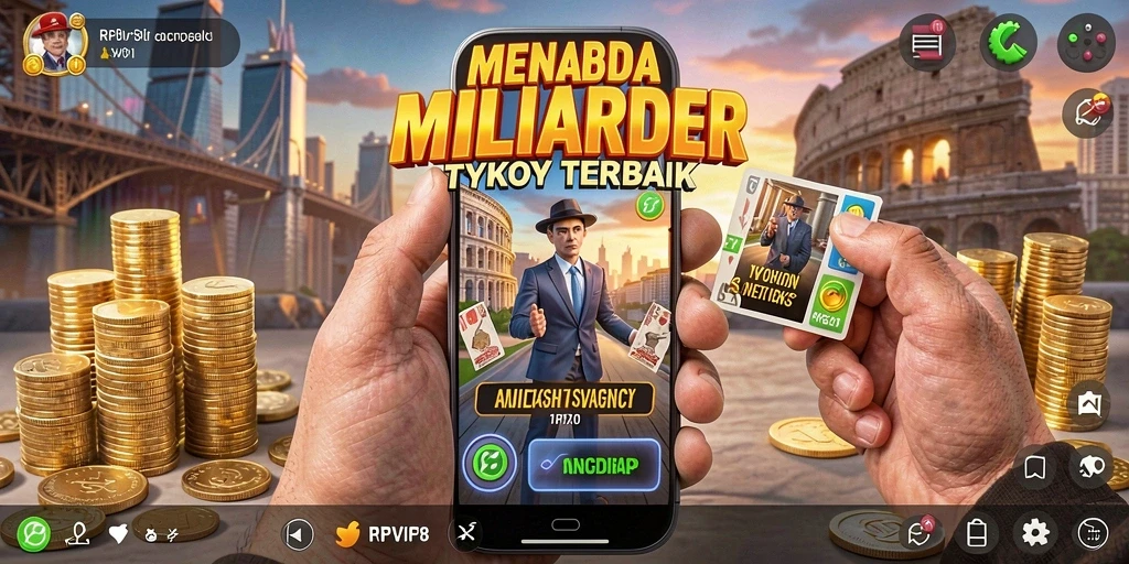 Tampilan gameplay RPVIP8 yang menunjukkan manajemen bisnis Tycoon.