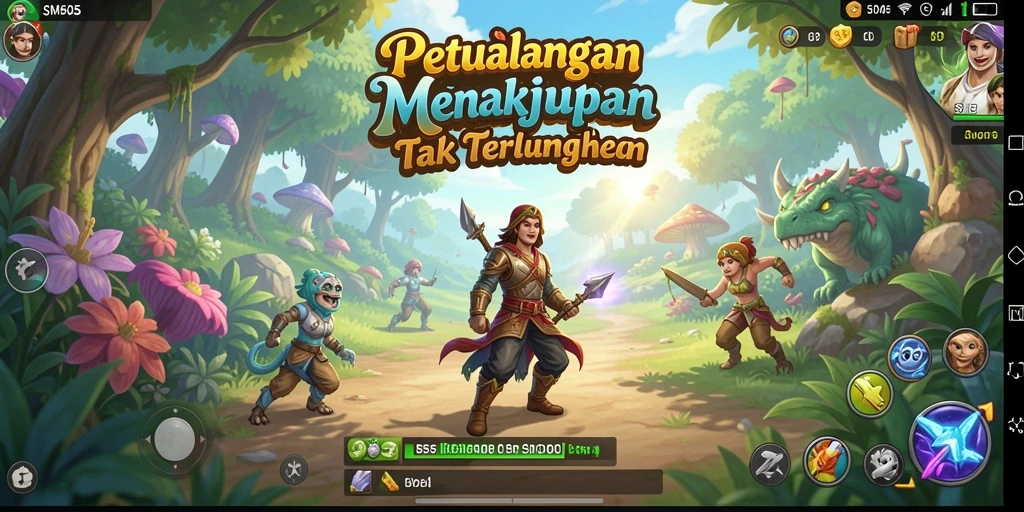 Screenshot gameplay SM605 menampilkan karakter berpetualang di hutan lebat.